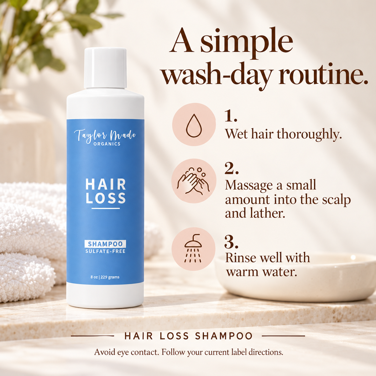 Taylor Made Organics sulfate-free hair loss shampoo bottle with instructions for use, promoting hair growth and scalp health.
