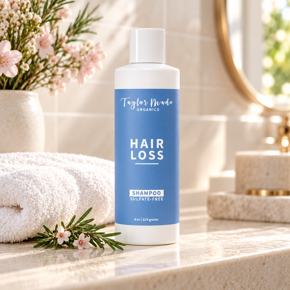 Taylor Made Organics sulfate-free hair loss shampoo for hair growth, shown in a natural hair care setting with bottles and plants