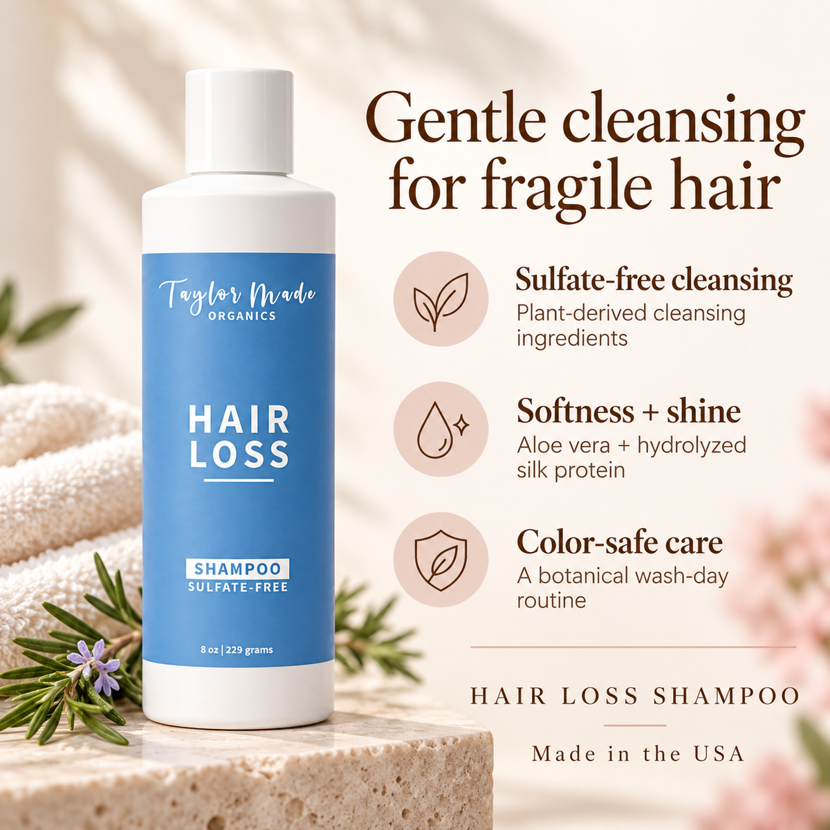 Taylor Made Organics sulfate-free hair loss shampoo showing three benefits for hair growth and scalp health.