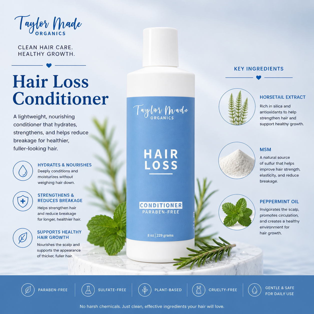 Taylor Made Organics hair loss organic conditioner with silk protein, showing key ingredients and natural hair care benefits.