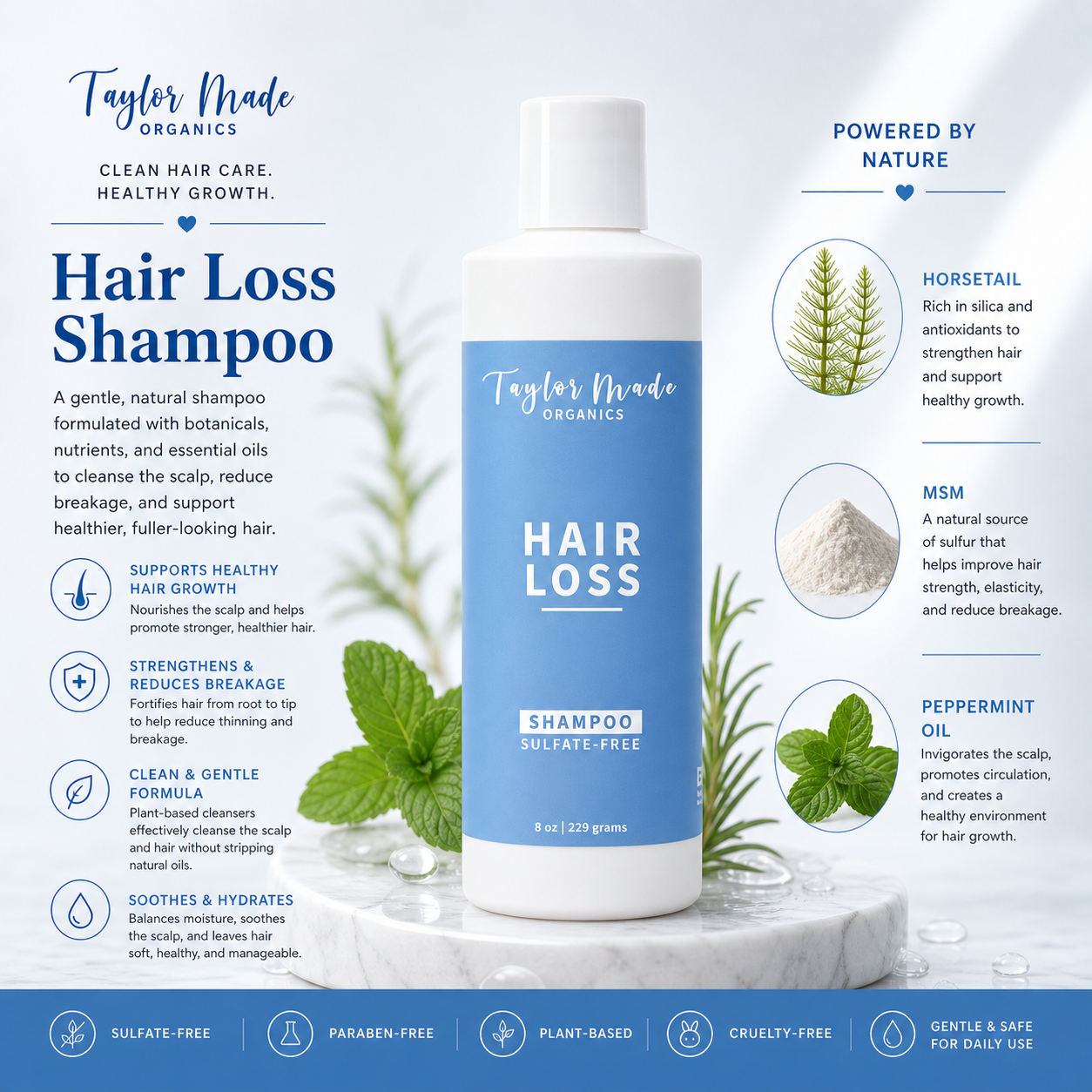 Taylor Made Organics sulfate-free hair loss shampoo with natural growth-boosting key ingredients in a hair care product image.