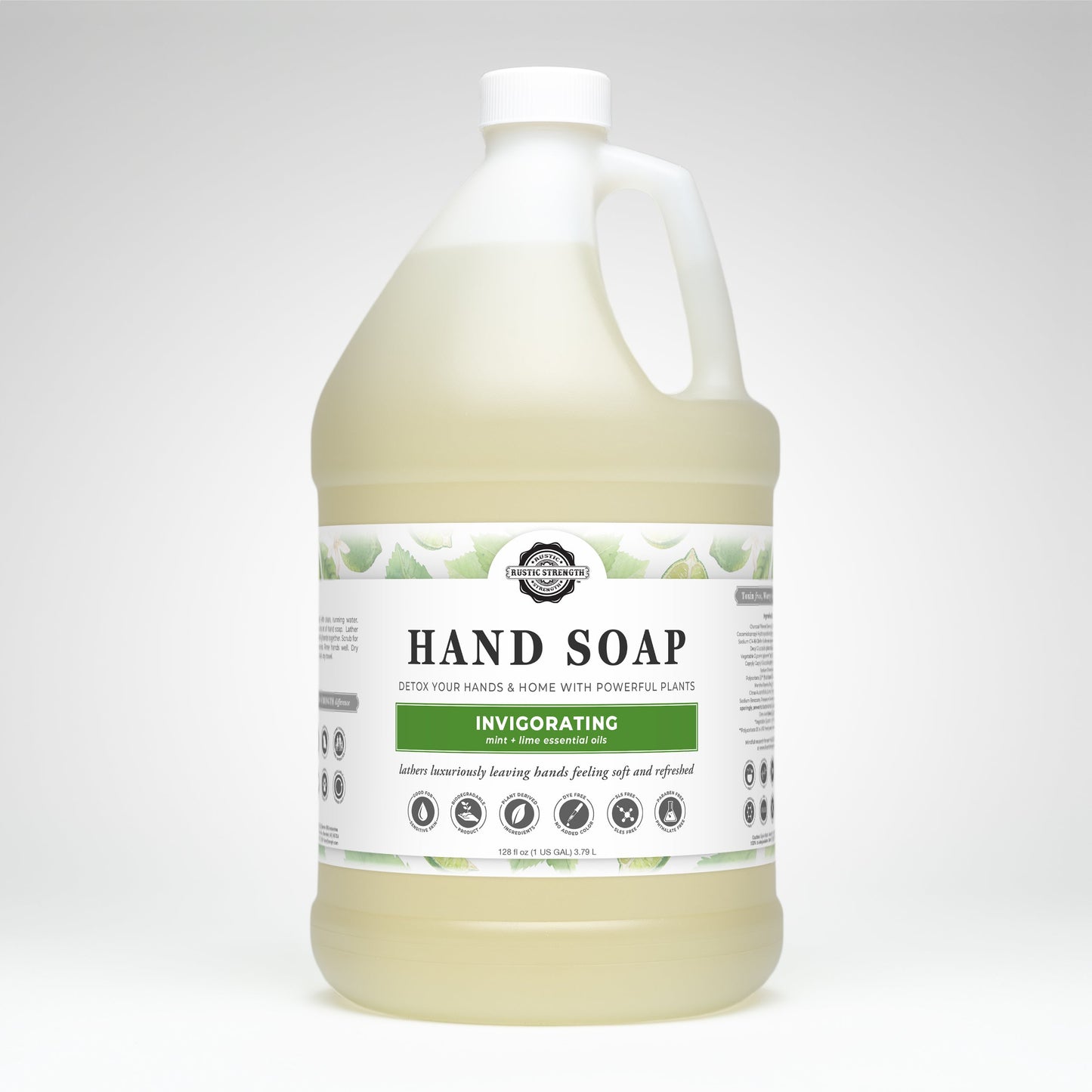 A large clear plastic jug of Rustic Strength Hand Soap | Invigorating with a white label featuring plant imagery. The jug has a handle, white cap, and contains biodegradable liquid hand soap with peppermint lime essential oil.