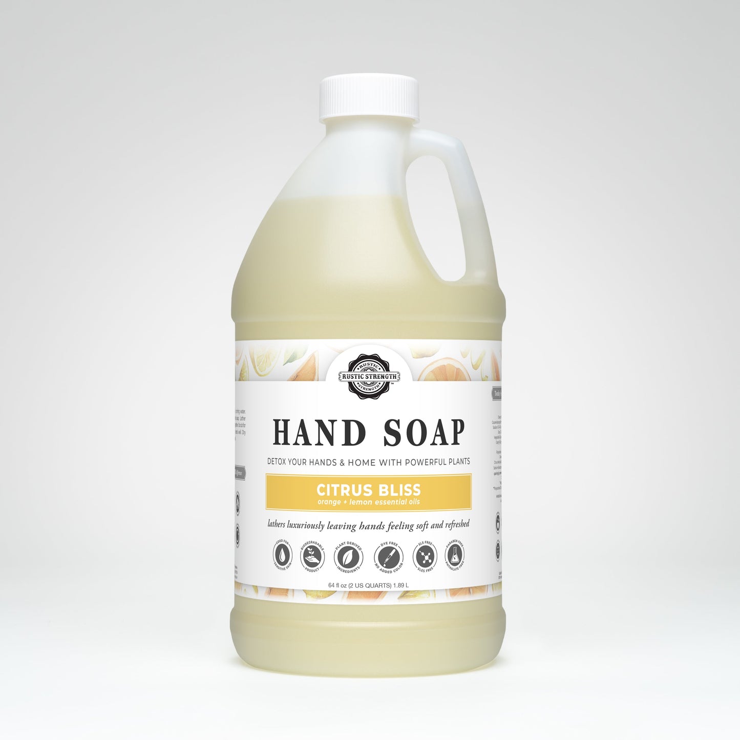 A gallon-sized jug of Rustic Strength Hand Soap | Citrus Bliss with a handle and white label featuring citrus fruit images and product details on a white background.