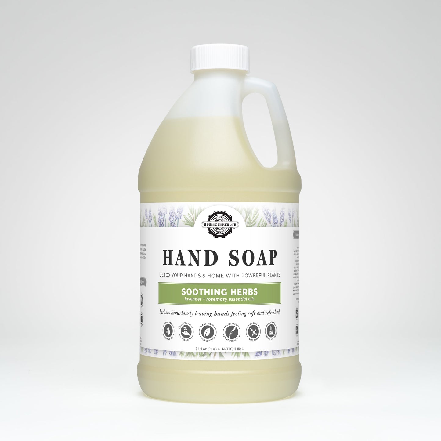 Rustic Strength Hand Soap | Soothing Herbs features lavender and rosemary essential oils. The off-white, handled gallon jug has a lavender and herb label design. This biodegradable hand soap gently cleanses with soothing herbal scents.