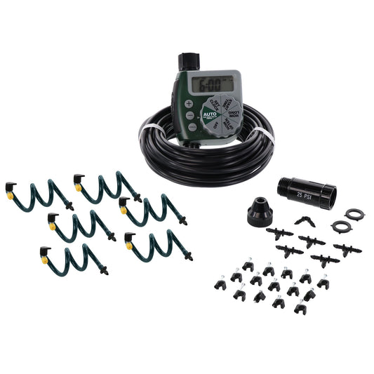 Orbit Irrigation hanging basket drip watering kit with digital hose faucet timer, includes tubing and watering components.