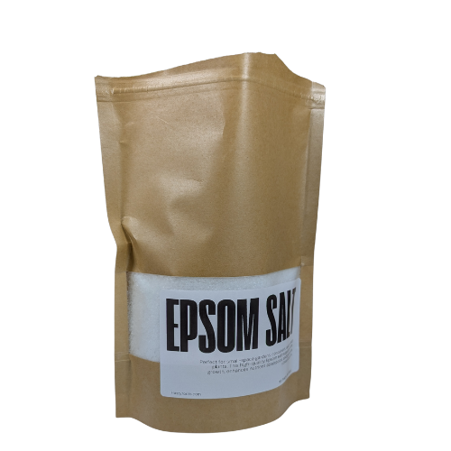 Hasty Roots Epsom Salt soil enhancer in a plastic bag, used for enriching garden soil and promoting healthy plant growth.