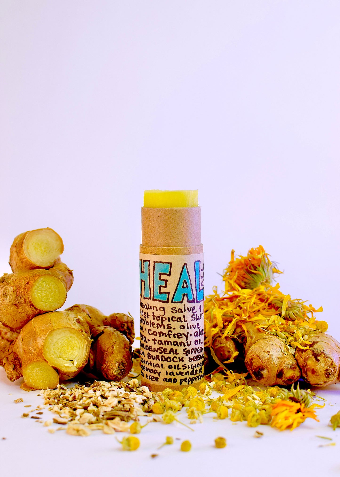 Plant Makeup Heal All Balm jar with label, showing creamy natural balm inside on a neutral background.