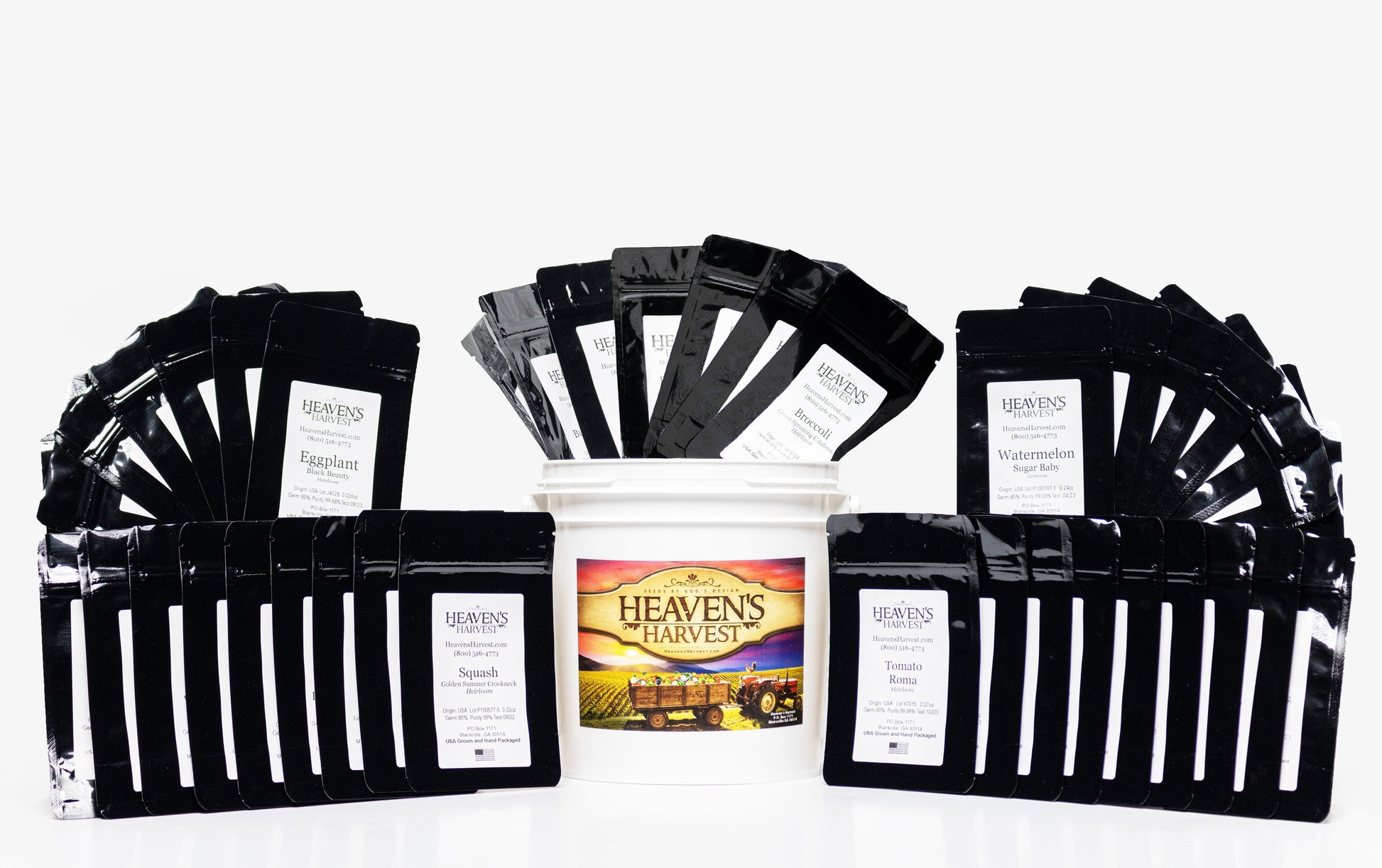 Heaven's Harvest heirloom vegetable seed kit with various seed packets and planting instructions on a rustic wooden surface.