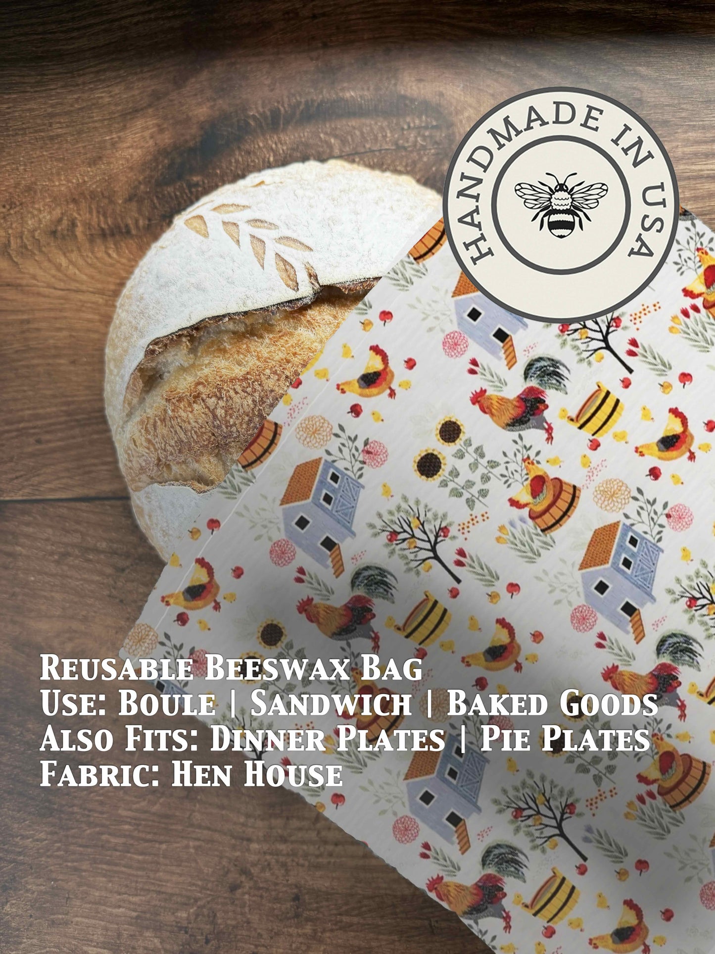 Beeswaxed bread bag from Five Oaks Farm, natural fabric with hen design for storing bread in a rustic style