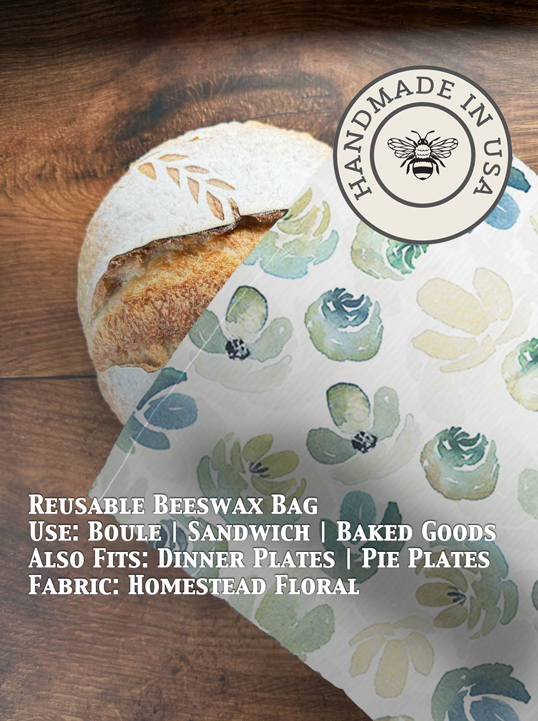 Beeswaxed bread bag from Five Oaks Farm with floral design, natural linen fabric for storing fresh bread.