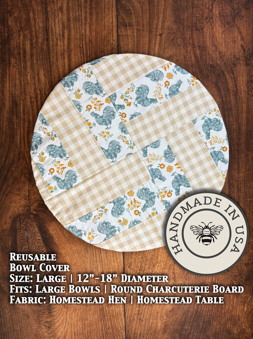 Large farm-style bowl covers from Five Oaks Farm, designed to protect and cover homestead bowls on the farm.