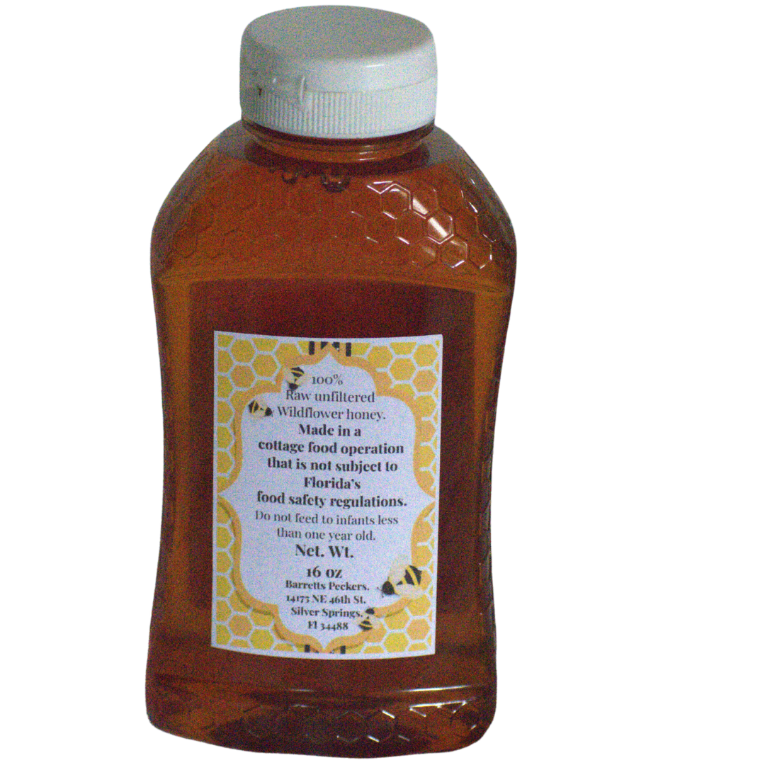 Raw, unfiltered wildflower honey from Ocala National Forest, shown in a jar with golden amber color and floral honey texture.
