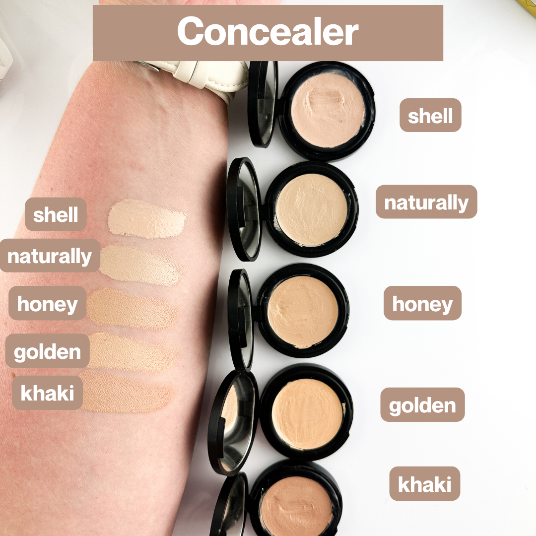 Cream concealer by Taylor Made Organics, lightweight and versatile, shown in a natural makeup setting with organic ingredients.