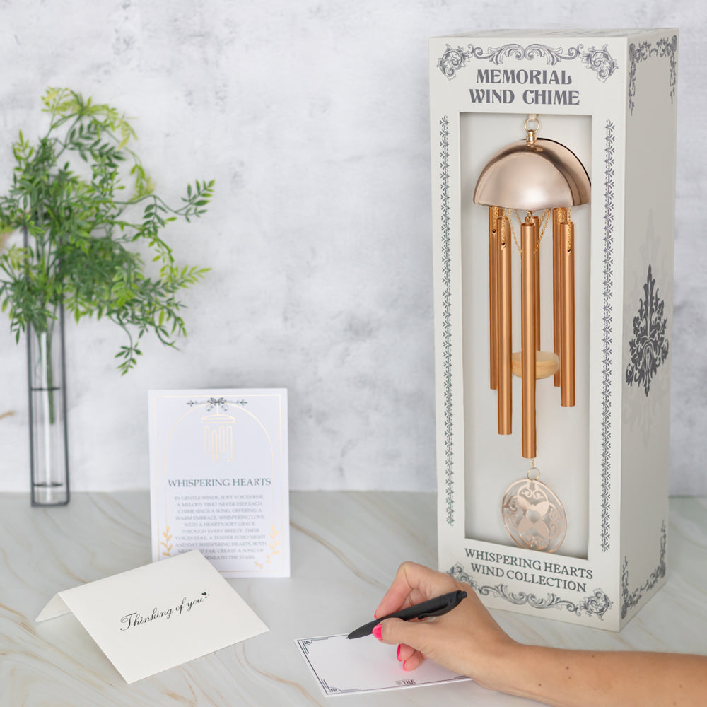 15” Wind Chime with Gift Box – Whispering Hearts™ Collection – Warm Gold Aluminum with Personalizable Heart Charm - Blessings Grow Meadows