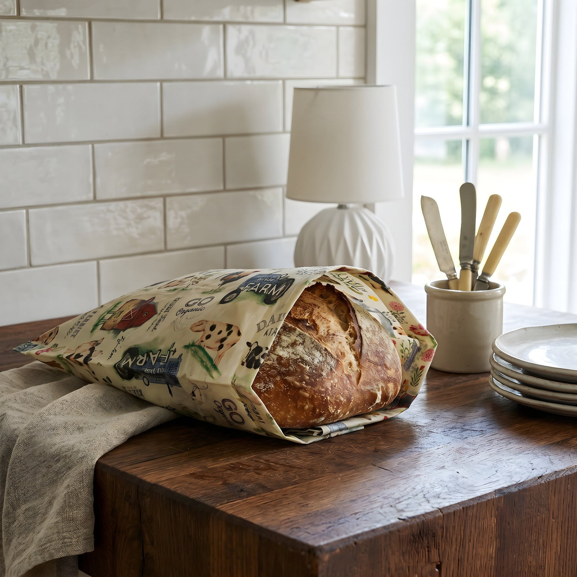 Beeswaxed bread bag from Five Oaks Farm, natural cloth with beeswax coating, suitable for storing fresh bread in a farm-inspired kitchen.