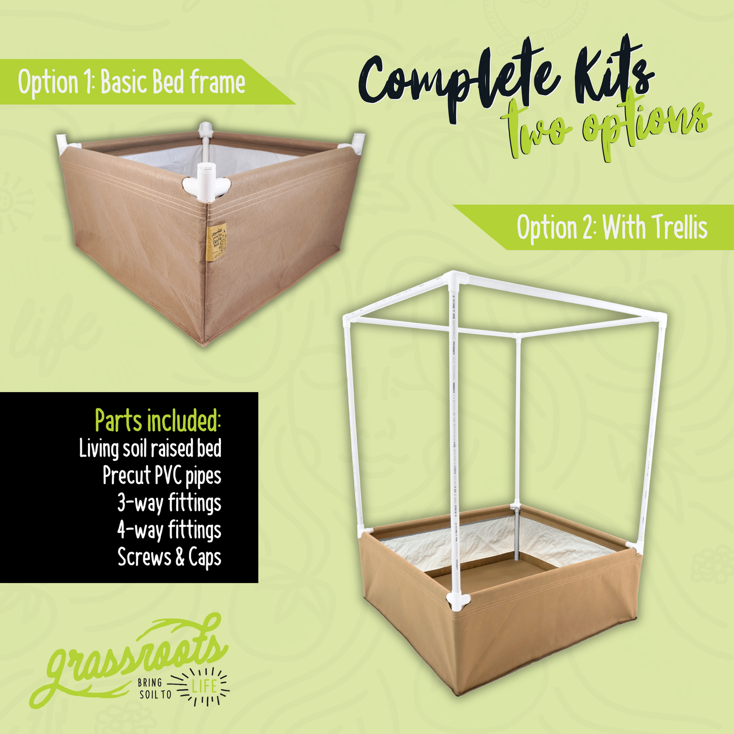 Complete kit with fabric bed and living soil from Grassroots Fabric Pots, includes fabric bed, soil, and accessories for planting.