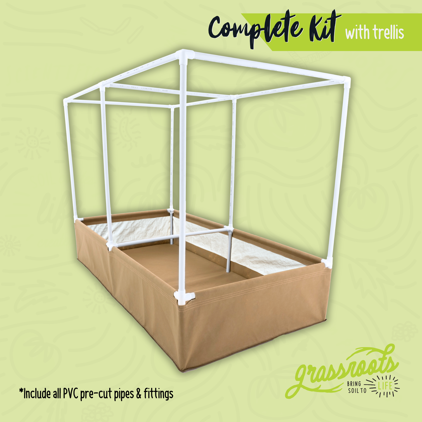 Complete kit for living soil fabric bed by Grassroots Fabric Pots, includes fabric bed components for sustainable gardening.