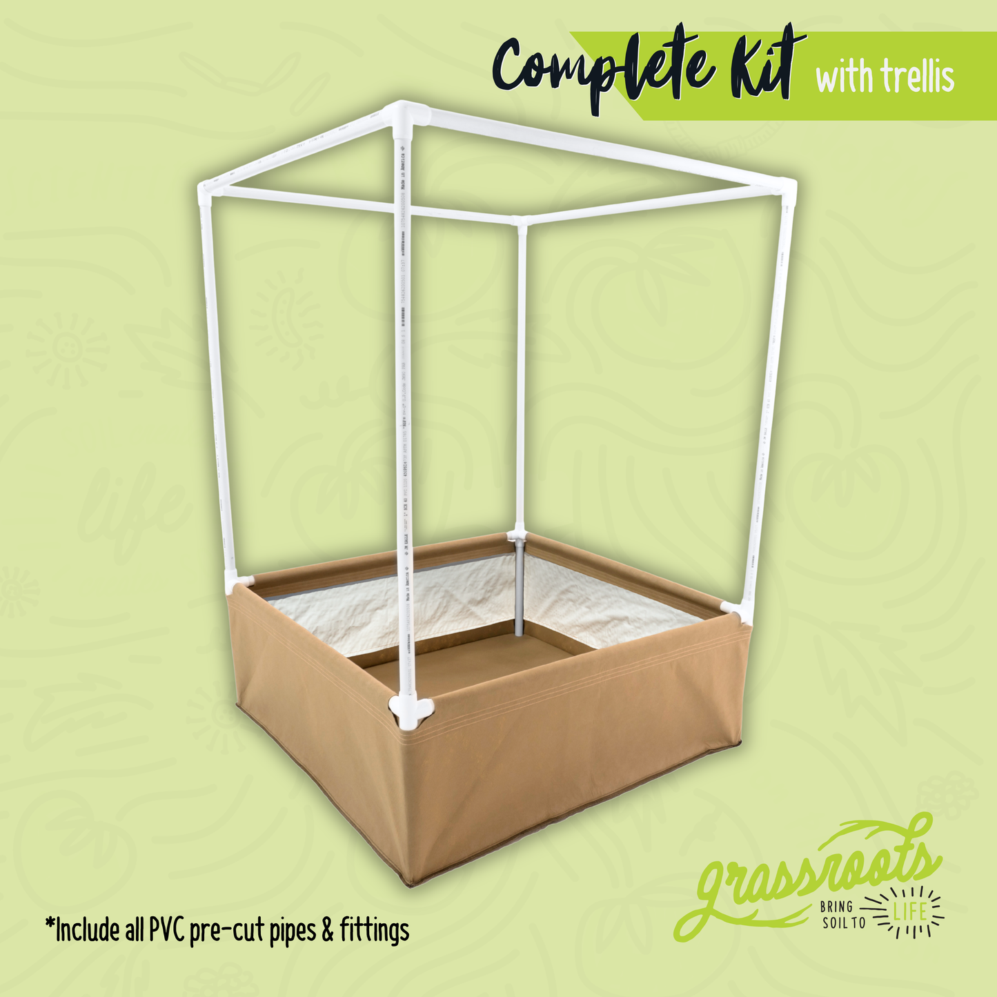 Grassroots Fabric Pots Complete Kit for living soil beds, showing fabric bed components and organic planting setup.