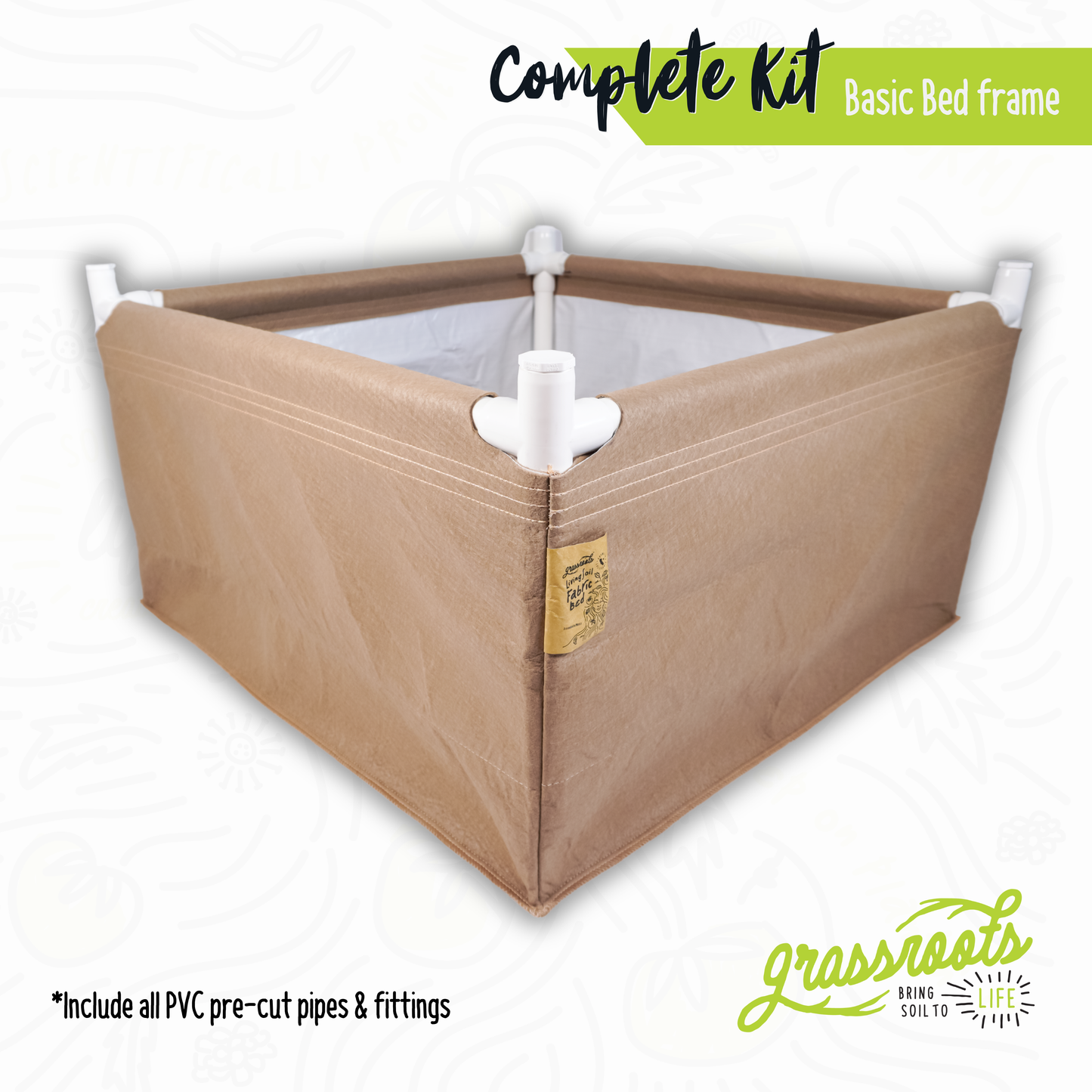 Complete Grassroots Fabric Pots Living Soil Fabric Bed kit with fabric grow bed, soil, and accessories for sustainable gardening.