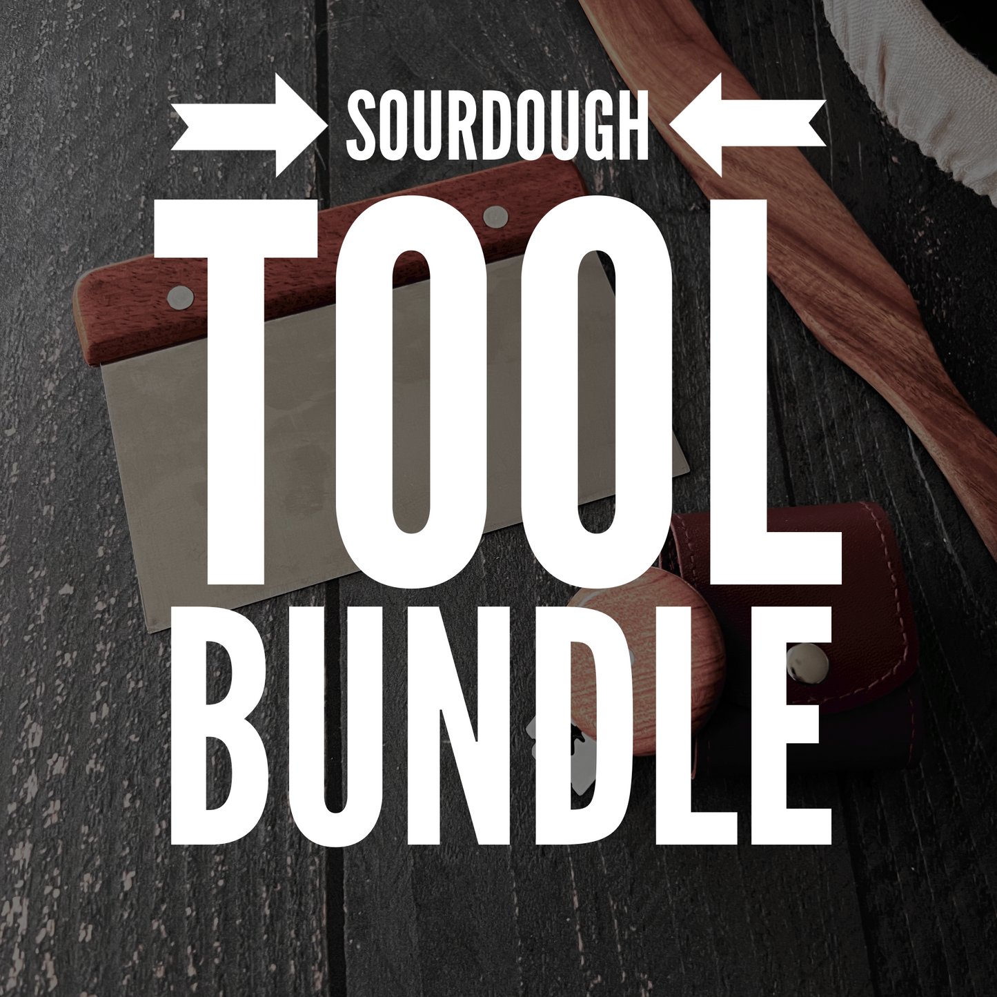 Five Oaks Farm sourdough baking tool bundle with banneton basket, lame, scraper, and proofing cloth for artisan bread making