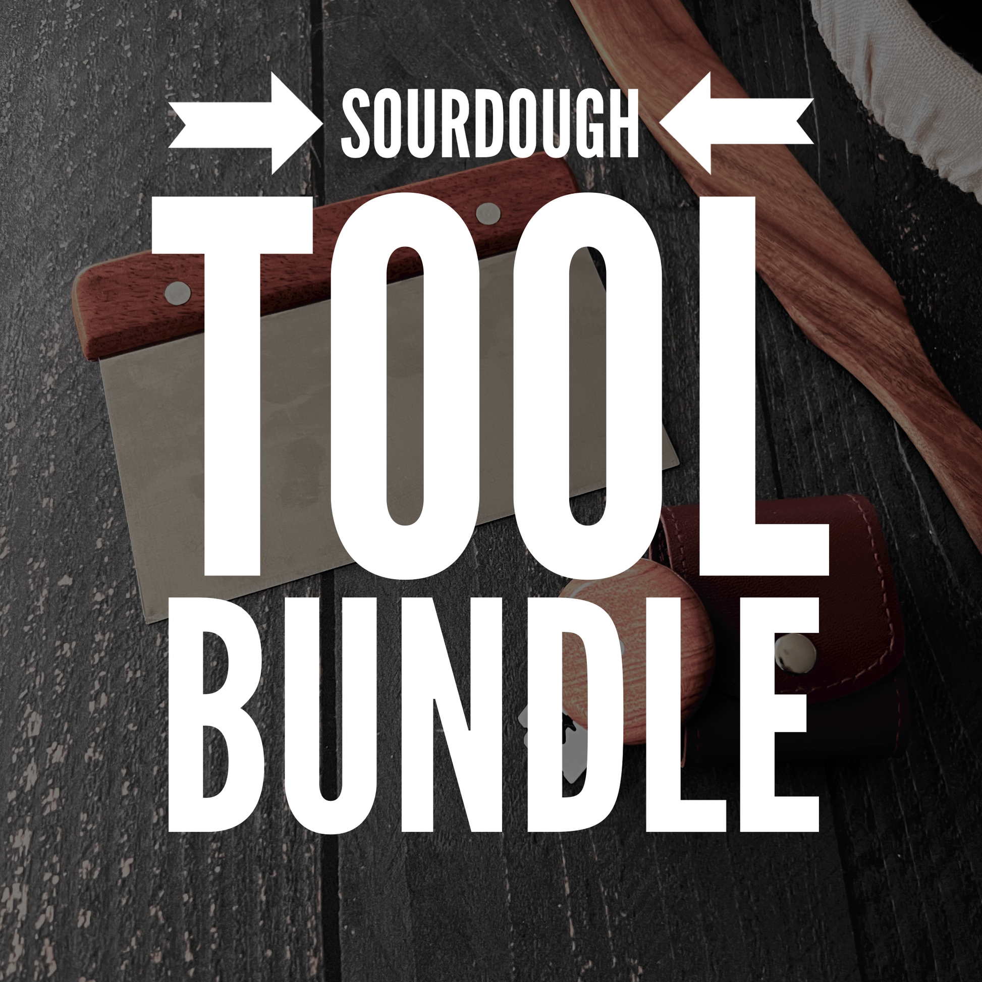 Five Oaks Farm sourdough baking tool bundle with banneton basket, lame, scraper, and proofing cloth for artisan bread making