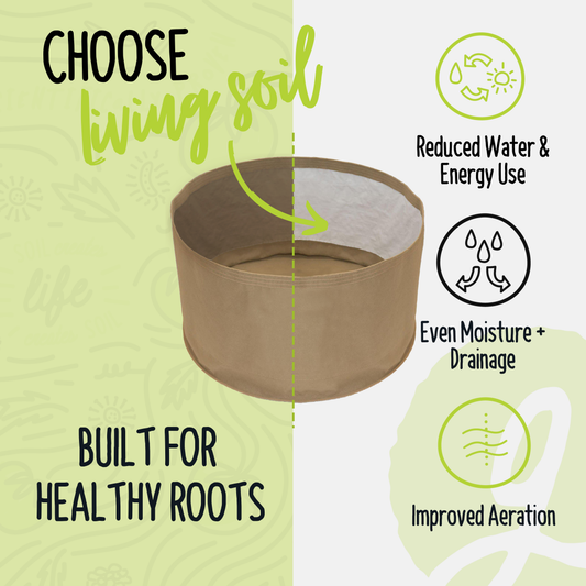 Living Soil Fabric Pot by Grassroots Fabric Pots, durable fabric container for healthy plant growth, shown in an outdoor garden setting.