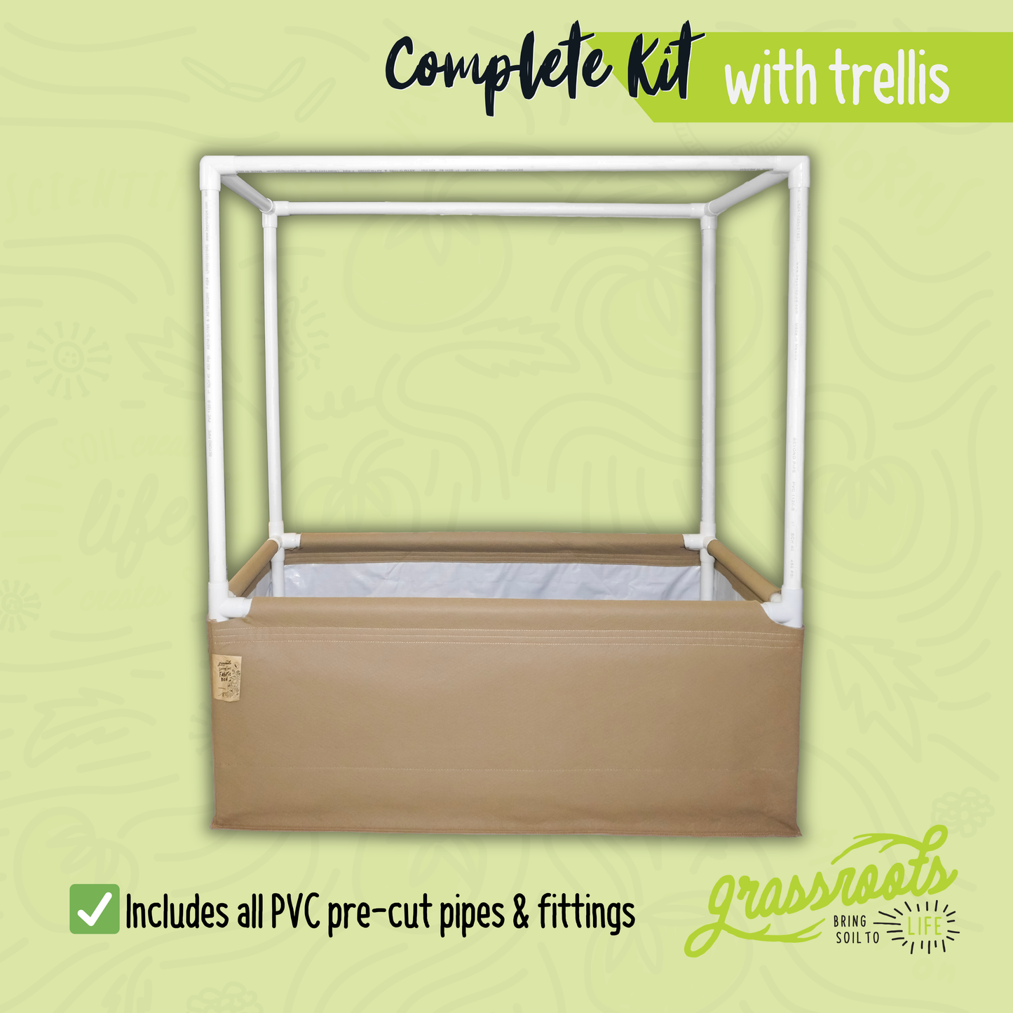 Complete kit for living soil in fabric bed by Grassroots Fabric Pots, includes fabric bed and gardening accessories.