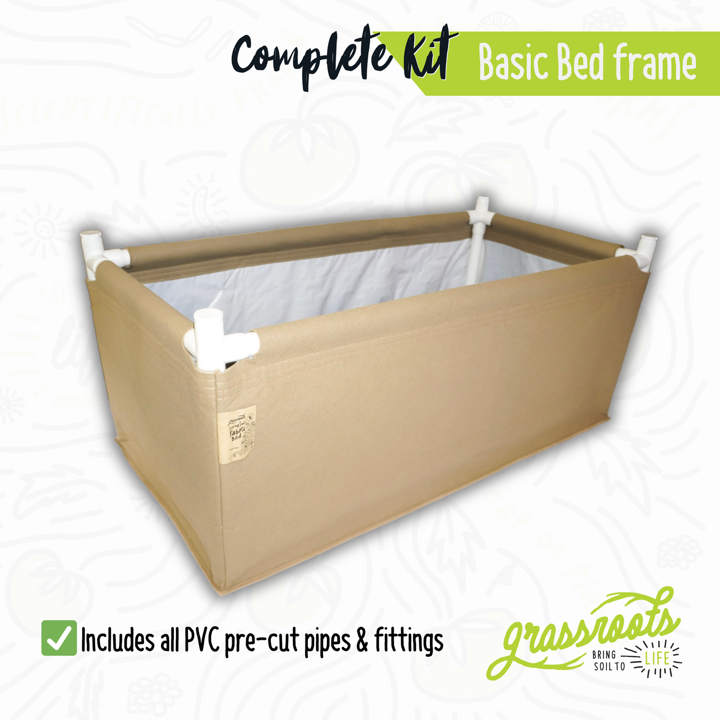 Complete kit of Grassroots Fabric Pots living soil fabric bed with soil, designed for sustainable plant growth and easy setup.