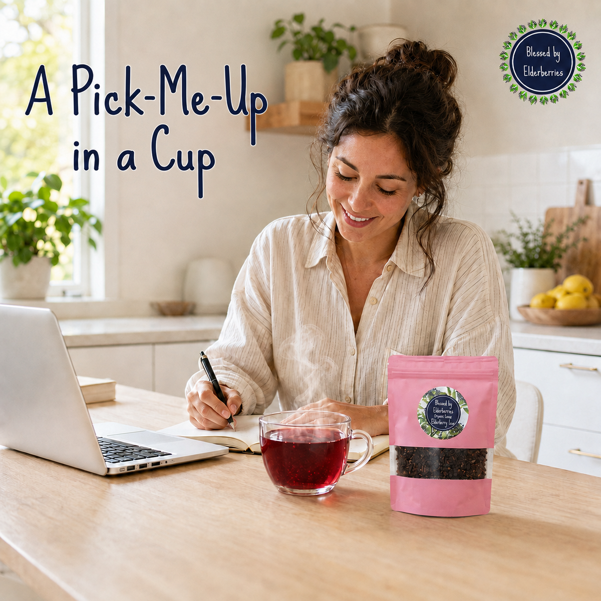 Blessed by Elderberries Power Blend Elderberry Tea in a teacup, showcasing vibrant berry-infused herbal tea for wellness.