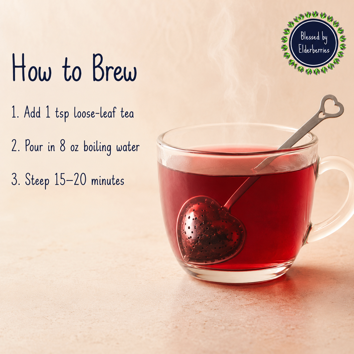 Blessed by Elderberries Power Blend Elderberry Tea in a teacup, showcasing a vibrant herbal infusion with elderberries and herbs.