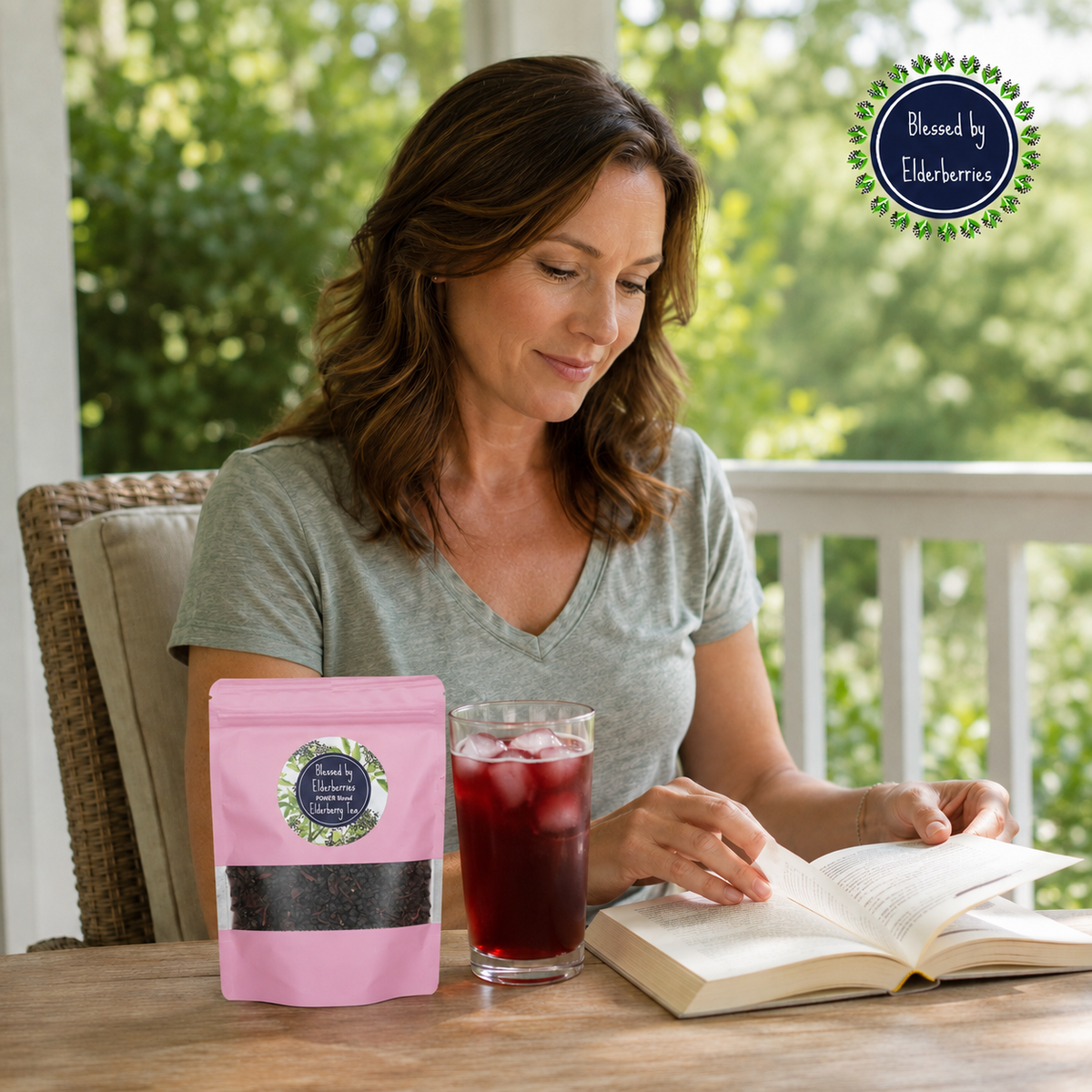 Blessed by Elderberries Power Blend Elderberry Tea in a tea infusions box, with tea bags and elderberries visible.
