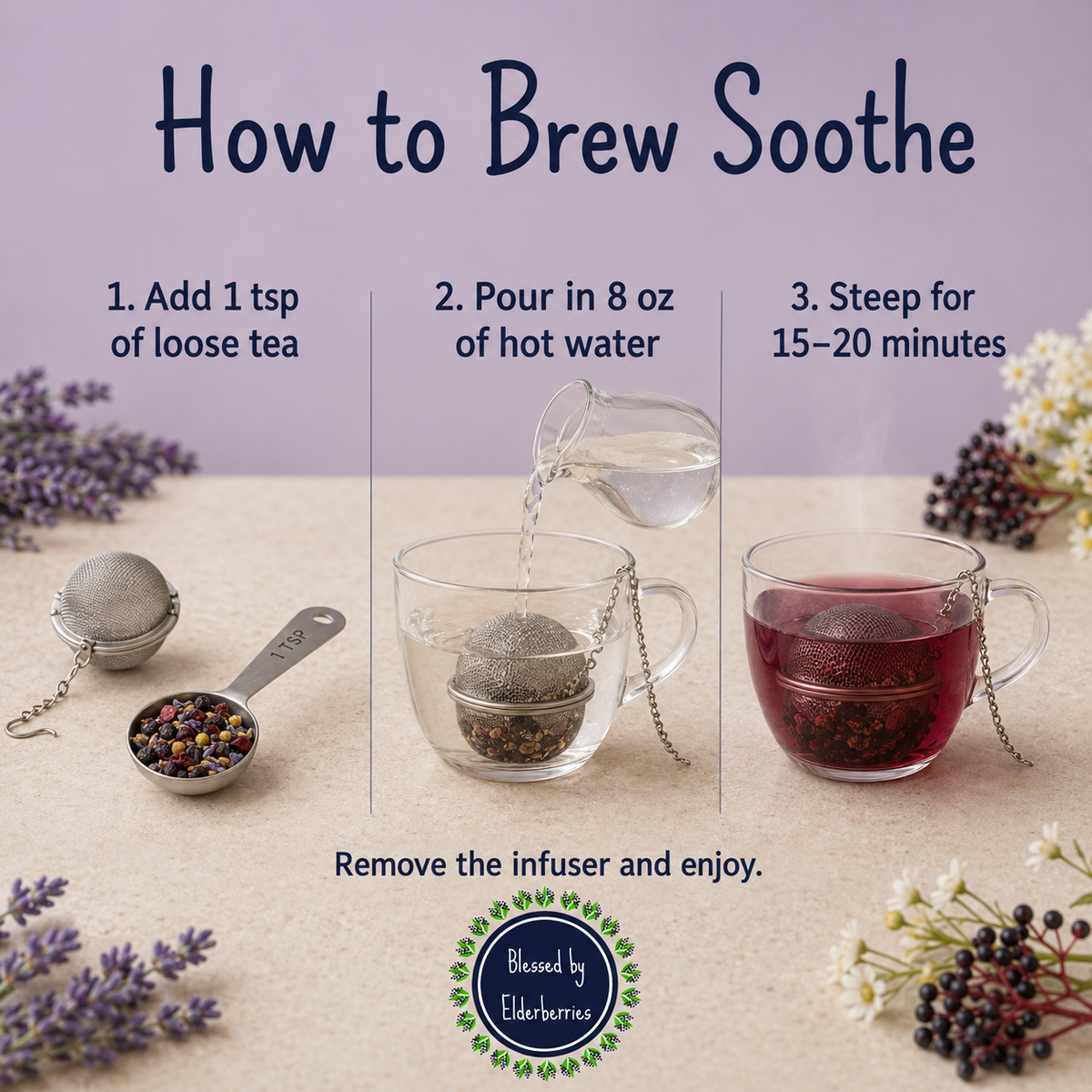 Blessed by Elderberries Soothe Blend Elderberry Tea in a teacup with fresh elderberries and herbs, ready to enjoy.