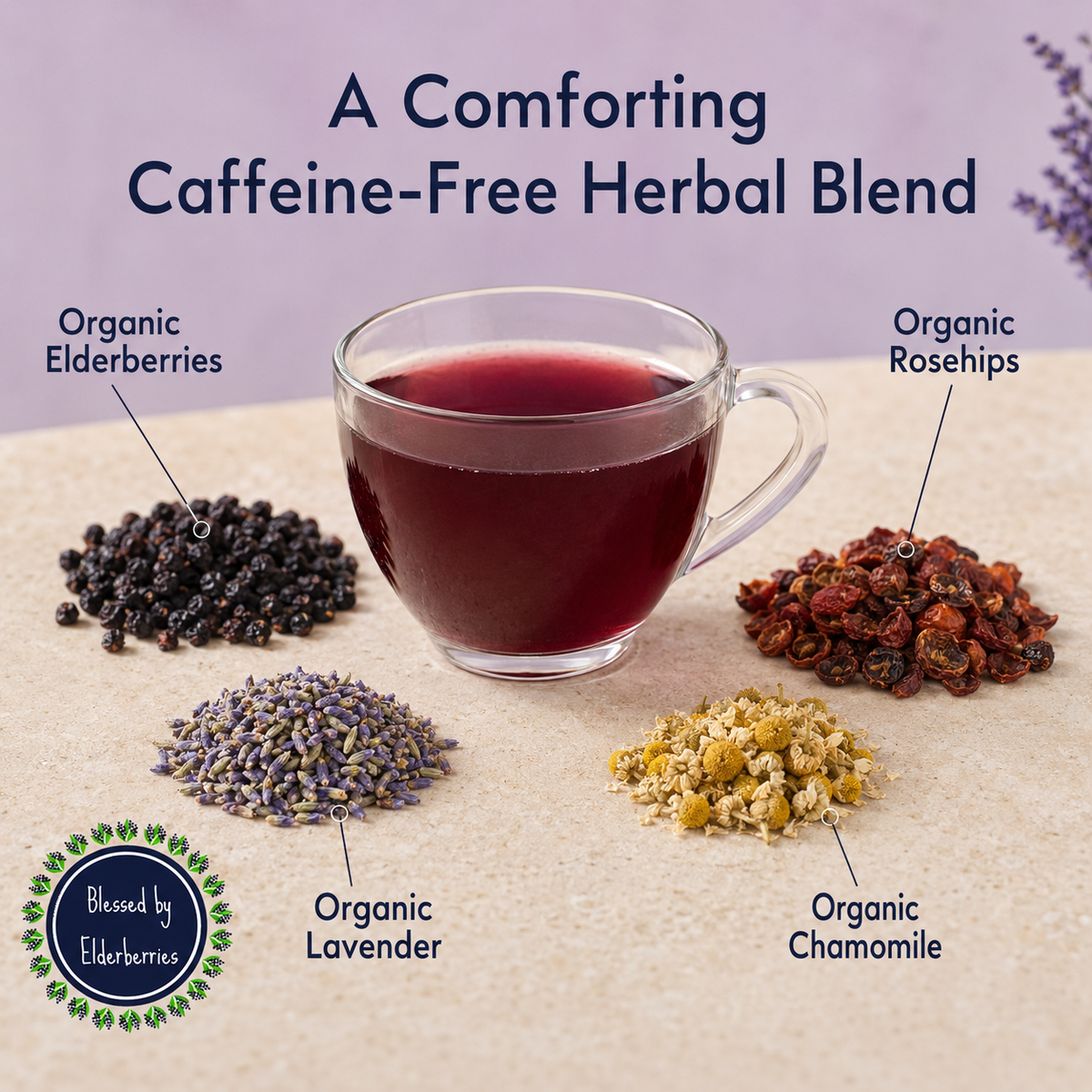 Blessed by Elderberries Soothe Blend Elderberry Tea in a glass cup with fresh elderberries and herbs visible in the image.