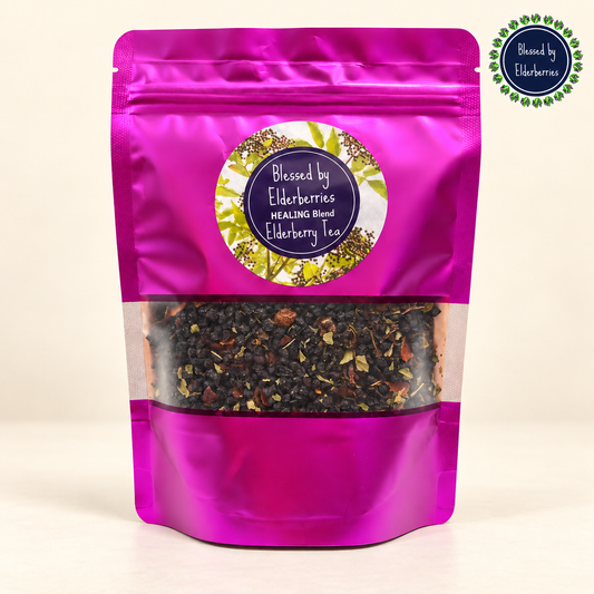 Healing blend Elderberry tea by Blessed by Elderberries in a tea bag with dried elderberries and herbs in a natural setting.