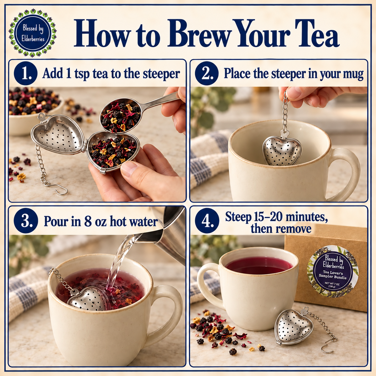 Herbal tea sampler bundle by Blessed by Elderberries featuring various herbal tea blends in colorful packaging.