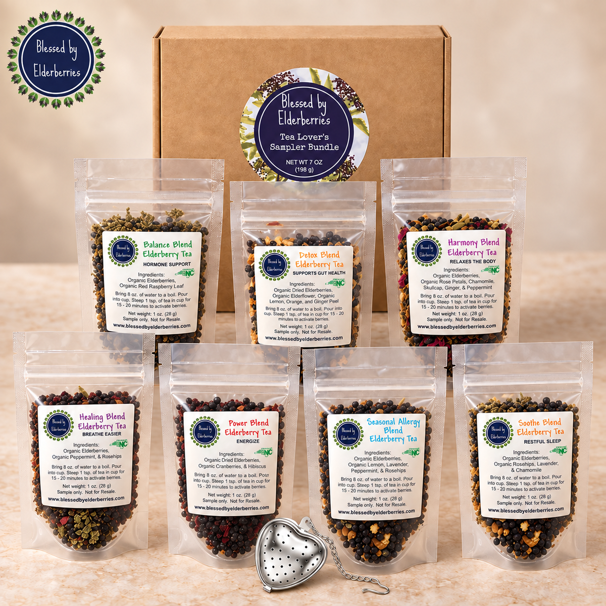 Assorted herbal tea sampler bundle from Blessed by Elderberries, featuring various tea bags with colorful packaging.