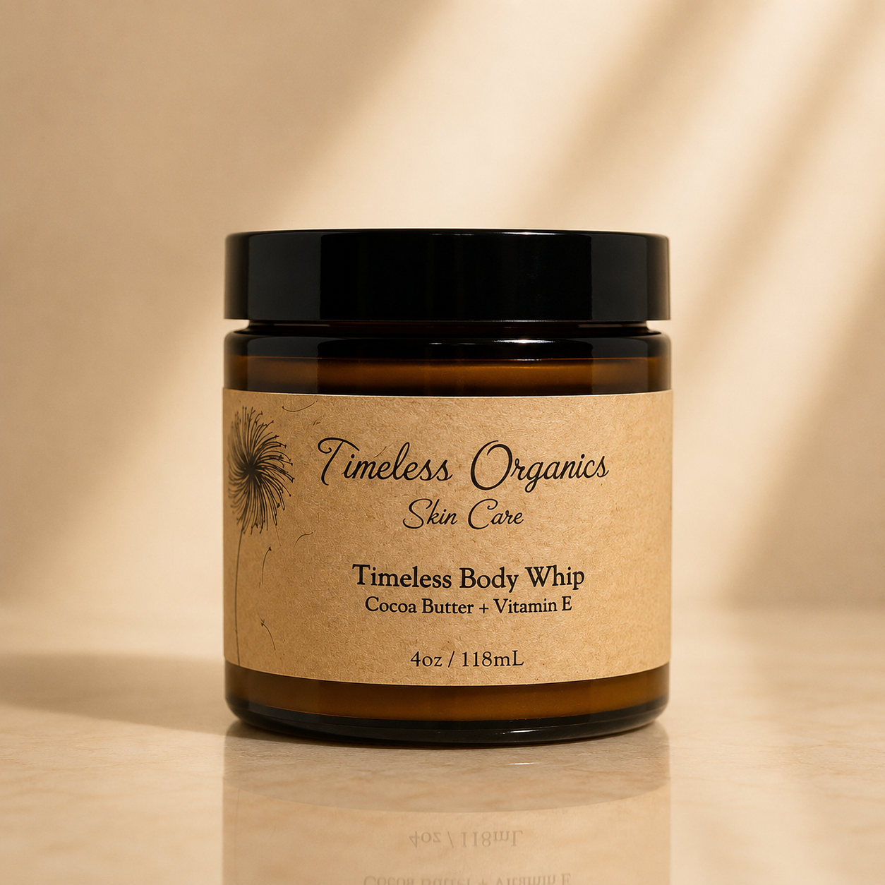 Creamy cocoa butter and vitamin E body lotion from Timeless Organics Skin Care, with a smooth texture and moisturizing formula.