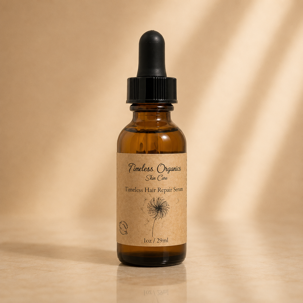 Timeless Organics Hair Repair Serum in a dropper bottle, showcasing the natural hair care product for nourishing and strengthening hair.