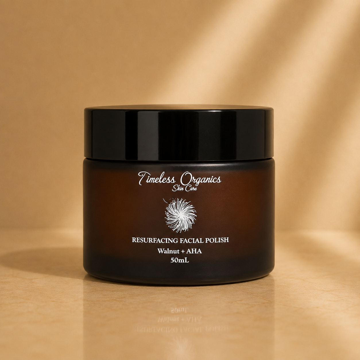 Timeless Organics Skin Care Resurfacing Facial Polish with walnut and AHA, showing exfoliating scrub with walnut pieces and creamy texture.