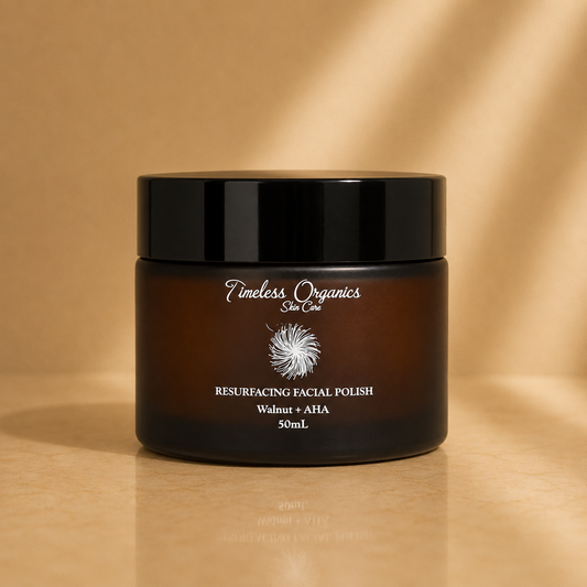 Timeless Organics Skin Care Resurfacing Facial Polish with walnut and AHA, showing exfoliating scrub with walnut pieces and creamy texture.