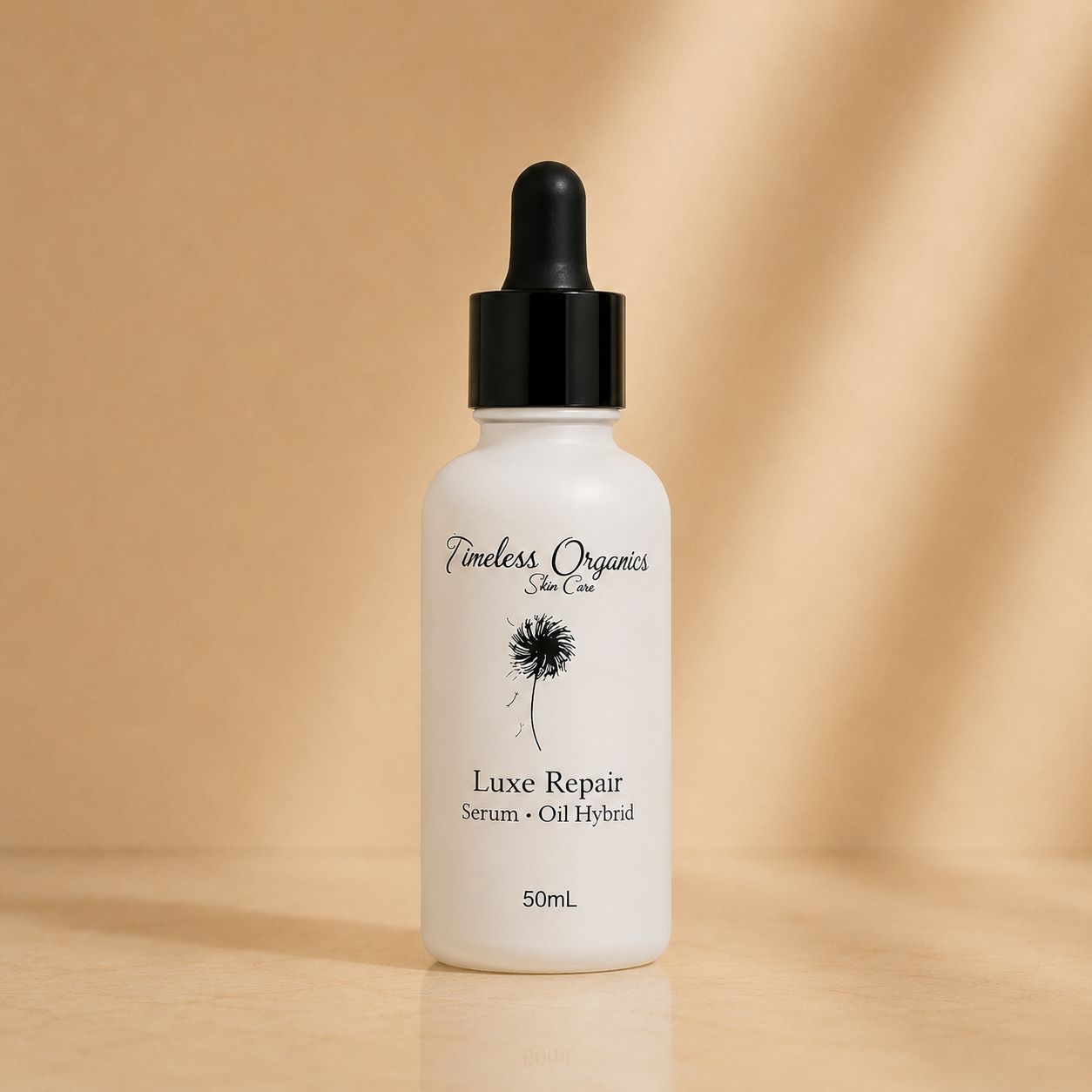 Timeless Organics Luxe Repair Serum-Oil Hybrid in a glass bottle with dropper, showcasing a luxurious skincare serum.