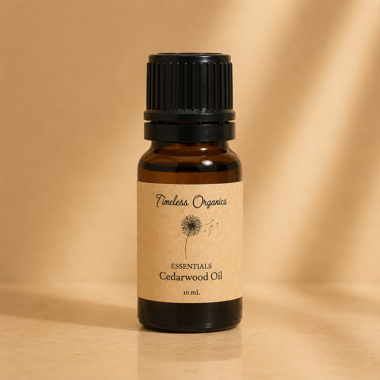 Bottle of Timeless Organics Skin Care cedarwood essential oil with dropper cap on a wooden surface.