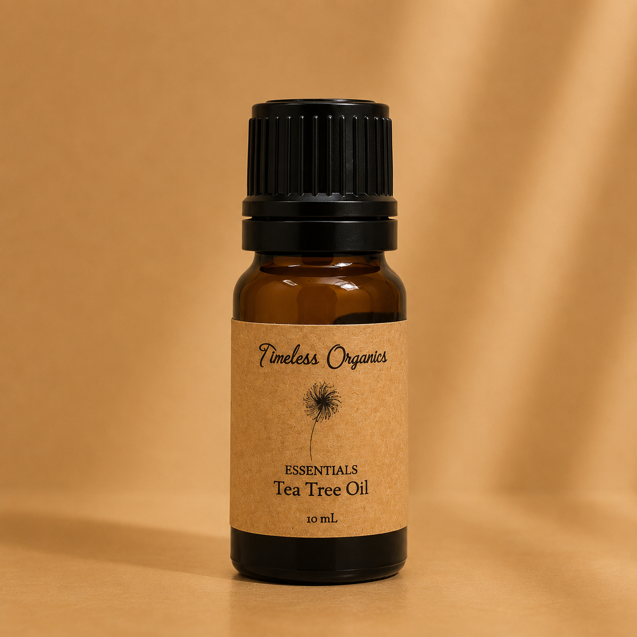 Bottle of Timeless Organics Skin Care Tea Tree serum with dropper, featuring a green label and clear glass bottle on a white background.