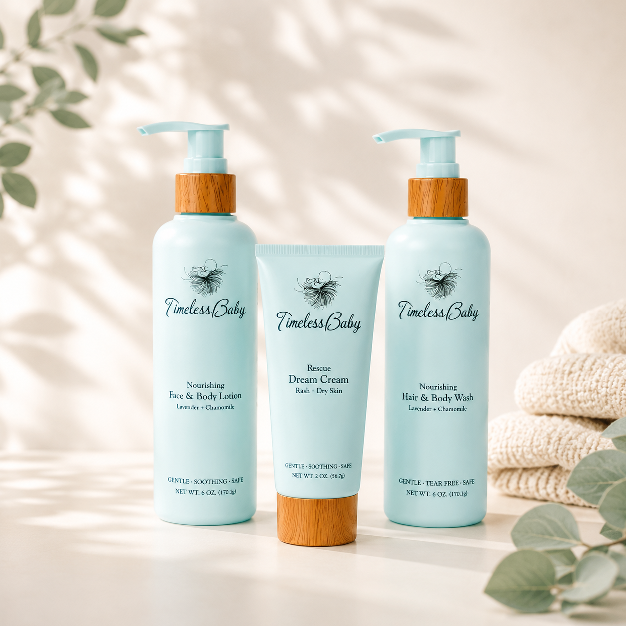 Gentle baby skincare bundle from Timeless Organics, including skincare products with soft, natural ingredients for sensitive skin.
