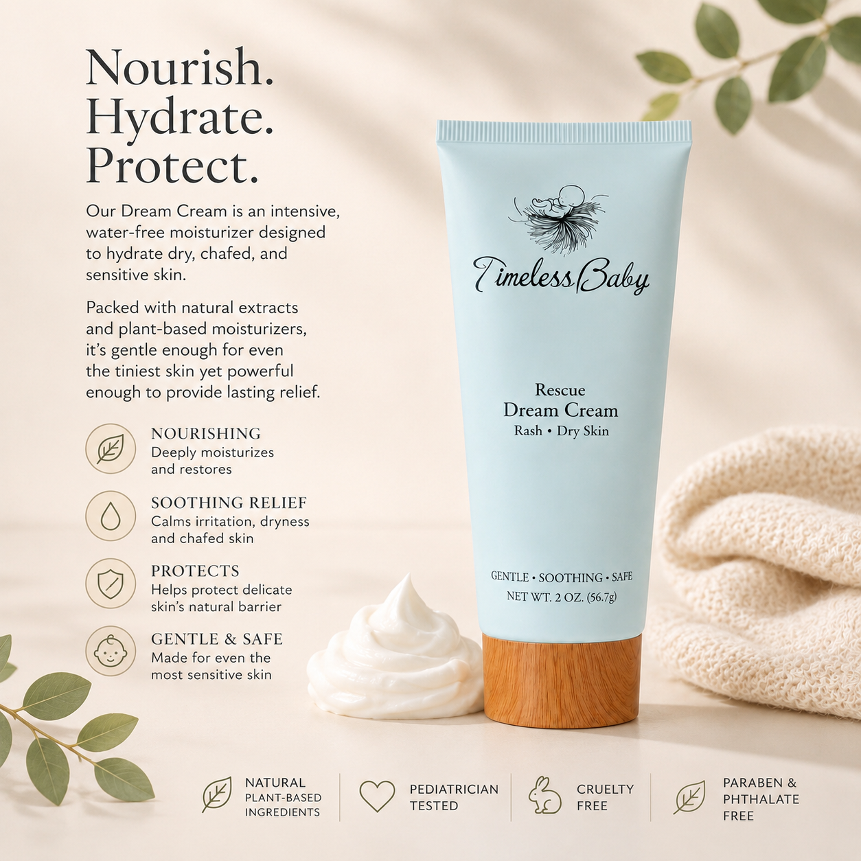 Cream jar labeled Dream Cream from Timeless Organics Skin Care, with a natural, smooth texture and minimalist packaging.
