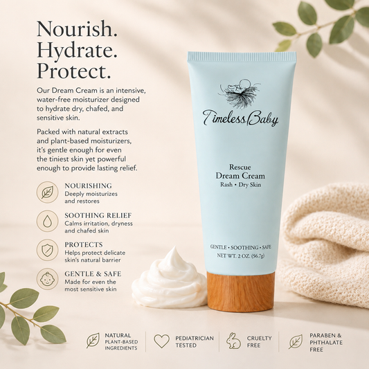 Cream jar labeled Dream Cream from Timeless Organics Skin Care, with a natural, smooth texture and minimalist packaging.