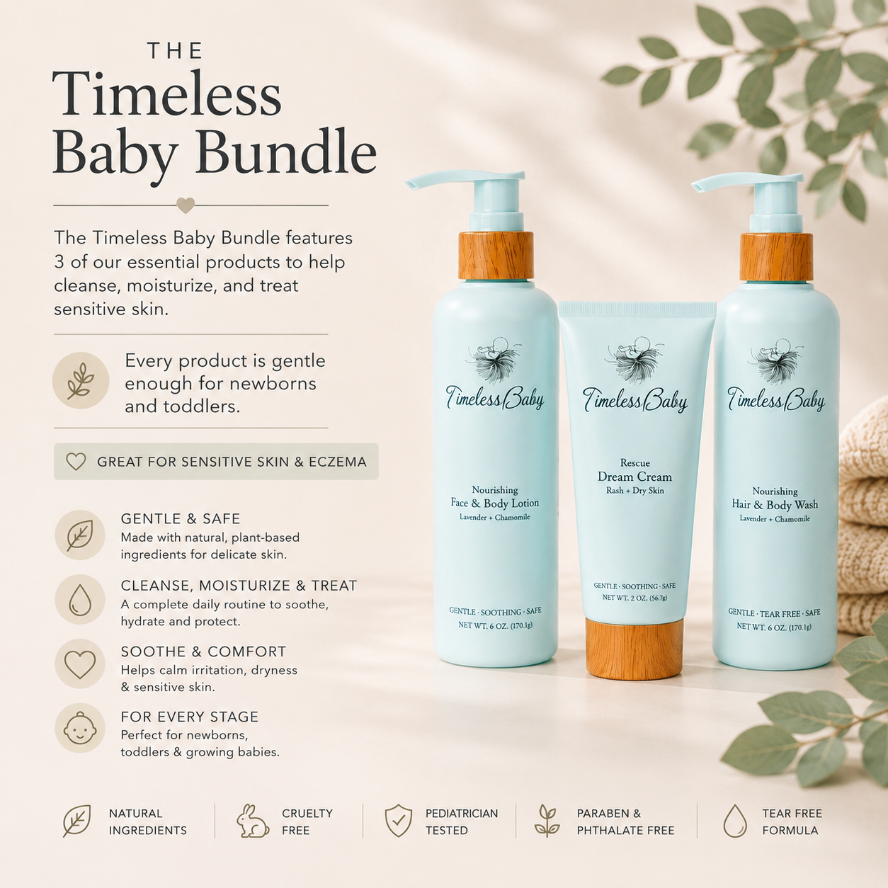 Baby bundle from Timeless Organics Skin Care with gentle, natural skincare products for infants in eco-friendly packaging.