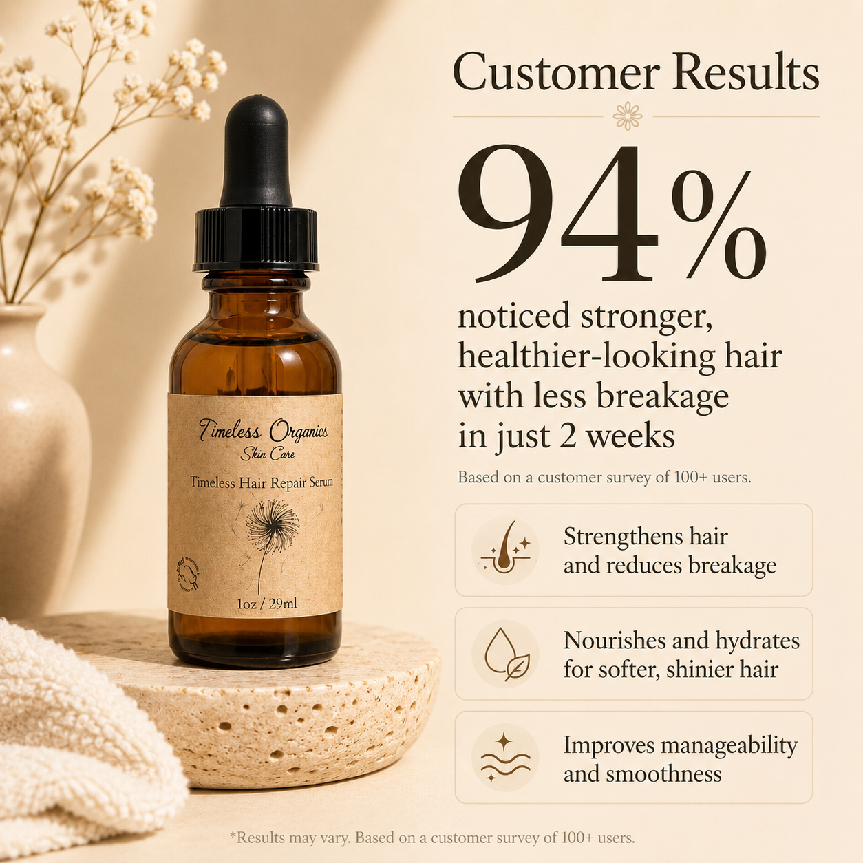 Timeless Organics Hair Repair Serum bottle with dropper, designed for nourishing and restoring damaged hair.