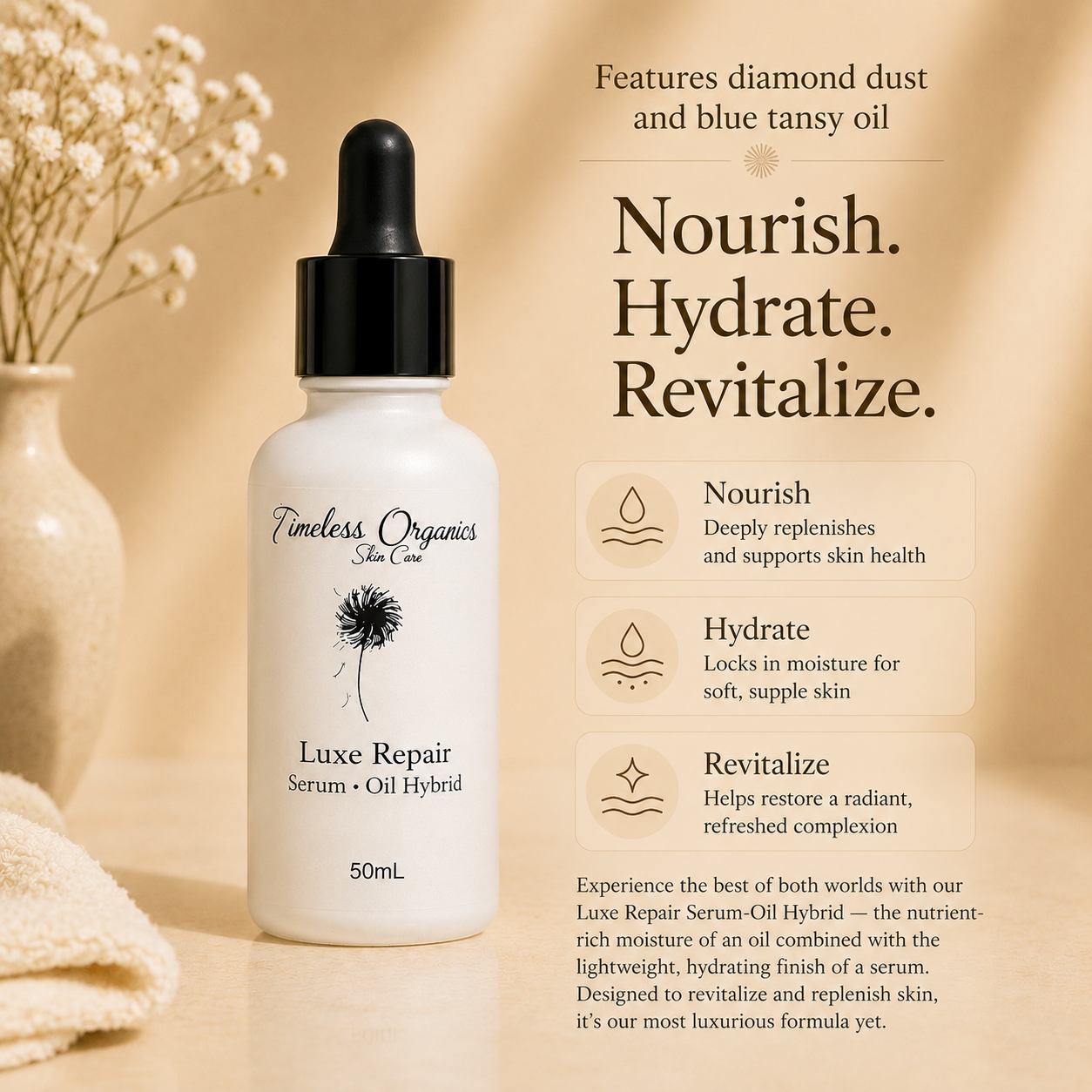 Timeless Organics Luxe Repair Serum-Oil Hybrid in a glass dropper bottle, showcasing a luxurious skincare serum with a golden hue.