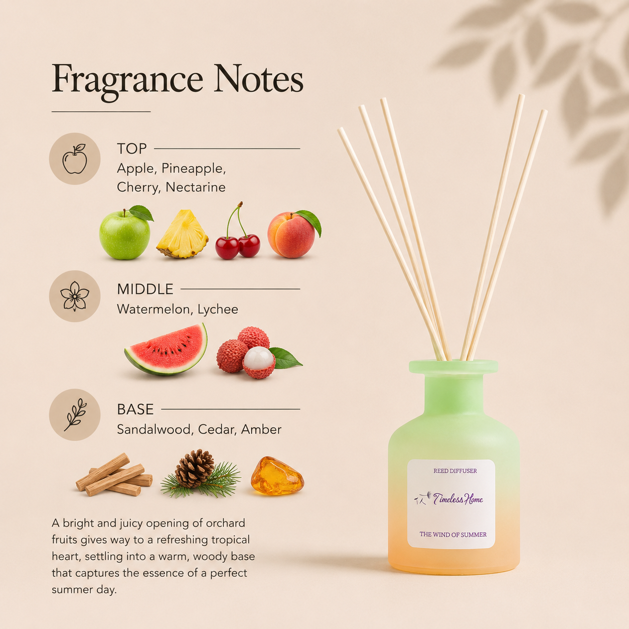 Reed diffuser labeled "The Wind of Summer" by Timeless Organics Skin Care, with natural reed sticks in a glass bottle.